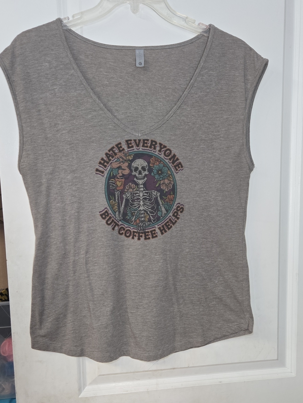 🌞Women's V-Neck Graphic Tank Top - Taupe "I Hate Everyone" Coffee Design